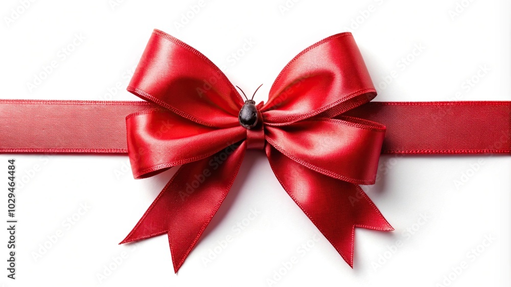 Red ribbon with bow flying isolated on white background from high angle view Red ribbon with bow flying isolated on white background from high angle view