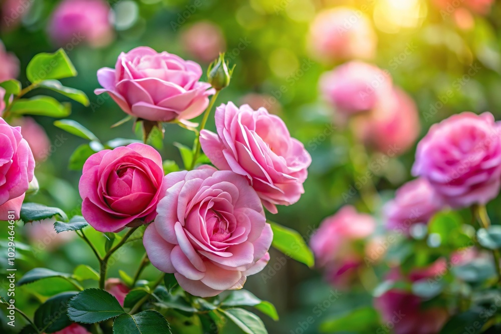 Pink roses in garden with green leaves on abstract background Pink roses in garden with green leaves on abstract background