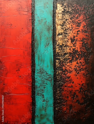 This artwork displays an abstract arrangement of bold red, turquoise, and gold with textured surfaces, emphasizing modern artistic expression