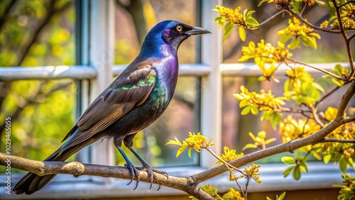 Spring scene with grackle bird reflected in window photo