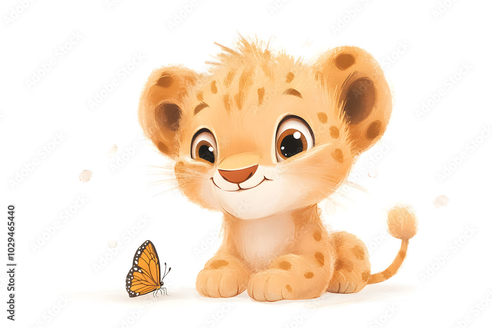 A whimsical illustration of a friendly lion cub with a small butterfly resting on its nose, isolated on a white background A whimsical illustration of a friendly lion cub with a small butterfly resting on its nose, isolated on a white background