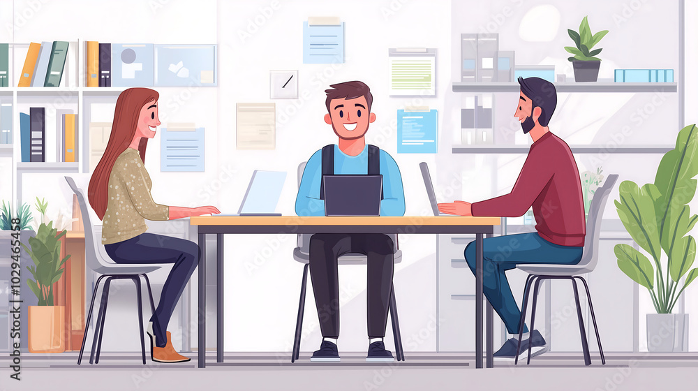an animated HR manager conducting a friendly job interview, demonstrating active listening and positive body language in a welcoming office space an animated HR manager conducting a friendly job interview, demonstrating active listening and positive body language in a welcoming office space