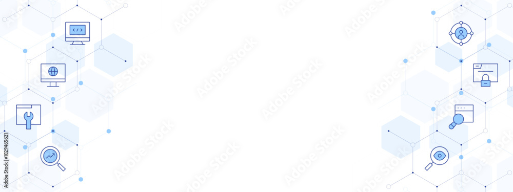 Obraz premium Seo Banner Vector Illustration with Two-sided Icon Style. Line Duotone icon. Containing search, target, optimization, monitor, maintenance, insight, browser, programming