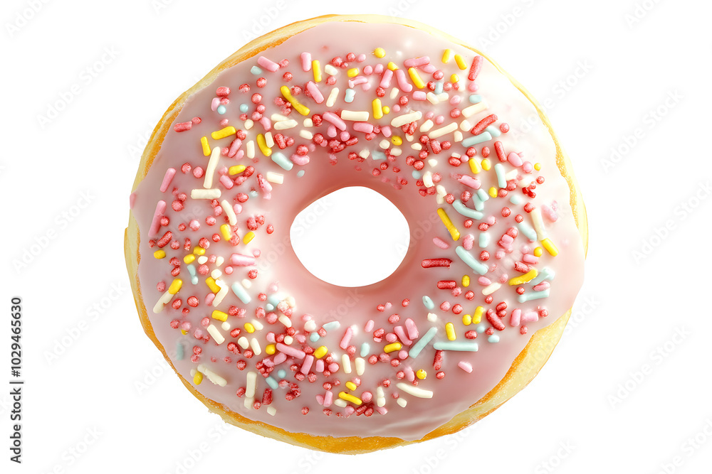 A whimsical illustration of a donut with pink icing and sprinkles, isolated on a white background A whimsical illustration of a donut with pink icing and sprinkles, isolated on a white background