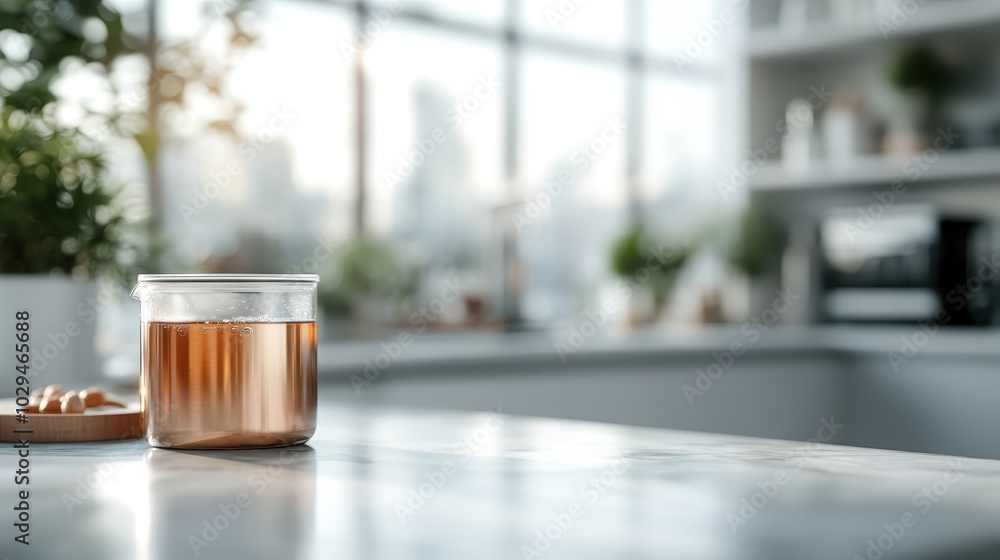 A jar filled with amber-colored brewed tea stands on a polished kitchen countertop, surrounded by soft morning light and lush green potted plants decorating the kitchen. A jar filled with amber-colored brewed tea stands on a polished kitchen countertop, surrounded by soft morning light and lush green potted plants decorating the kitchen.
