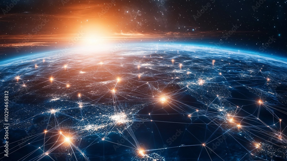 Obraz premium Earth at Night with Network of Connections and Bright Lights