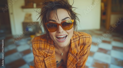 A young woman with short hair wearing stylish sunglasses smiles warmly indoors at a cozy, rustic location