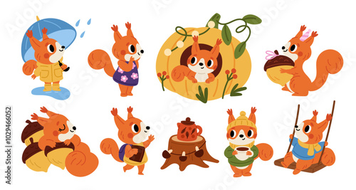 Cartoon squirrels. Cute furry animals. Red forest dwellers climbing trees. Wildlife characters drink hot tea. Different poses. Autumn season. Mammal with rain umbrella. Garish vector set