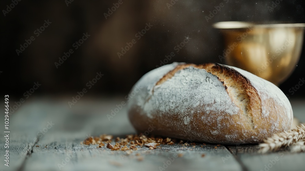 A single rustic loaf of bread on a wooden table with crumbs and a golden chalice, capturing a sense of tradition and simplicity in a warm setting. A single rustic loaf of bread on a wooden table with crumbs and a golden chalice, capturing a sense of tradition and simplicity in a warm setting.