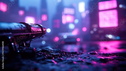 A futuristic cyberpunk cityscape drenched in neon pink and blue lights reflecting on wet streets, evoking a sense of technology and urban mystery. photo