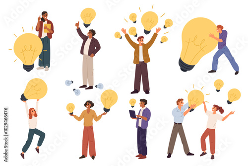 Cartoon people with light idea bulbs. Business brainstorming. Funny smart characters. Innovative startup. Creative and success. Businessman holding glowing lamps. Garish vector set