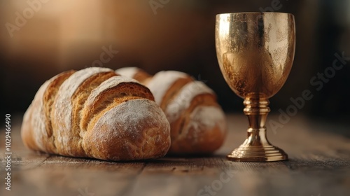 Paired loaves of crusty bread lie next to an ornate antique cup on a table, evoking rustic charm and an ambiance of culinary tradition and history.