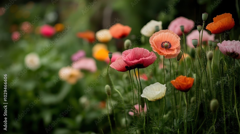 Brightly colored poppies of various hues sway gently in a lush, vibrant garden, offering a picturesque and uplifting visual feast that inspires hope and renewal. Brightly colored poppies of various hues sway gently in a lush, vibrant garden, offering a picturesque and uplifting visual feast that inspires hope and renewal.
