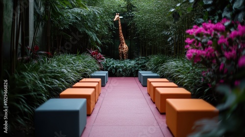 In a lush garden surrounded by greenery, a path leads to a giraffe statue, creating an atmosphere of peace and artistic flair, contrasting with colorful seating. photo