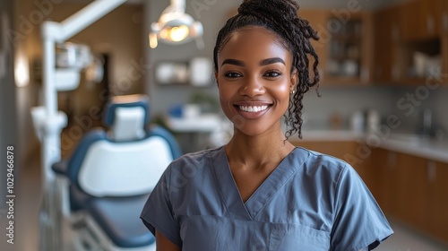 Friendly dental professional smiling in a modern clinic with equipment and a treatment chair visible in the background