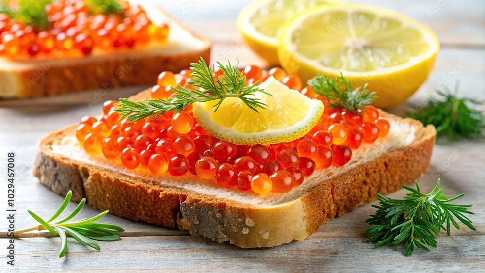 Red salmon caviar on toast with dill and lemon wedges Red salmon caviar on toast with dill and lemon wedges