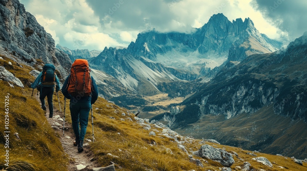 Two hikers ascend a mountain path with towering peaks in the background. Two hikers ascend a mountain path with towering peaks in the background.