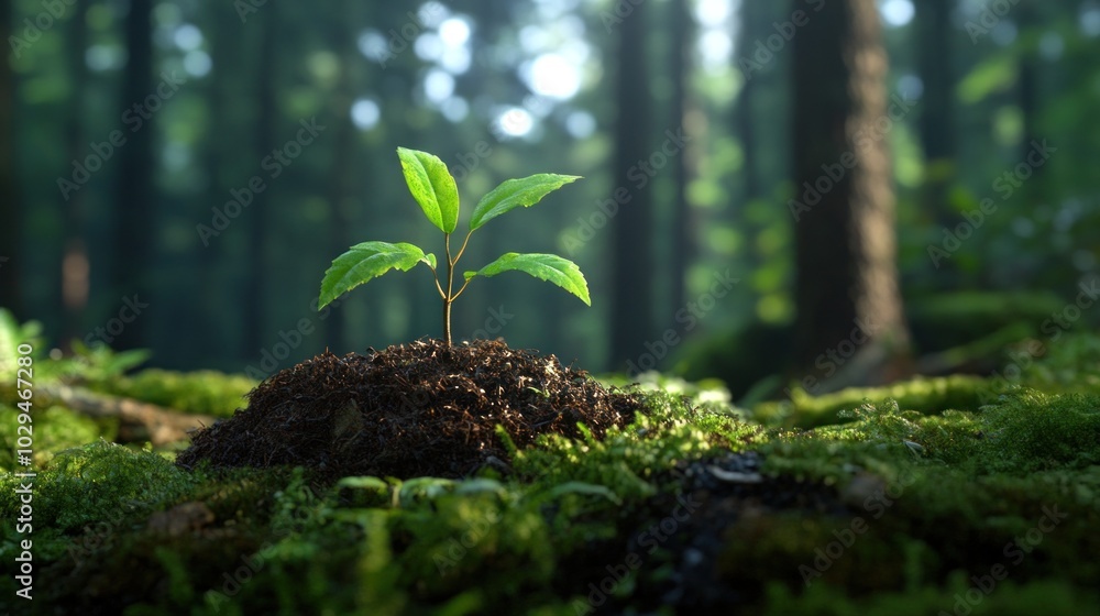 A small sapling emerges from the rich forest floor, nestled in green moss, as sunlight filters through the tall trees, illuminating the vibrant scene in the early morning A small sapling emerges from the rich forest floor, nestled in green moss, as sunlight filters through the tall trees, illuminating the vibrant scene in the early morning