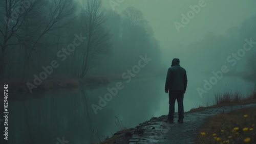 Solitary Figure in Misty Forest by a Riverbank