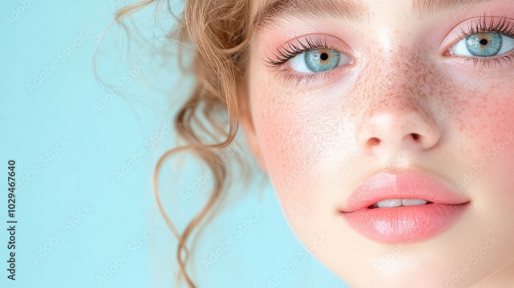 Close-up of a young woman’s face with bright blue eyes, freckles, pink blush, and soft curls against a pastel blue background, ideal for beauty campaigns, skincare ads, and natural cosmetics visuals.
Close-up of a young woman’s face with bright blue eyes, freckles, pink blush, and soft curls against a pastel blue background, ideal for beauty campaigns, skincare ads, and natural cosmetics visuals.