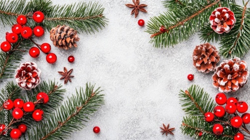 A festive arrangement features pine branches, red berries, and pine cones, creating a cheerful atmosphere ideal for holiday celebrations and decorations during the winter season