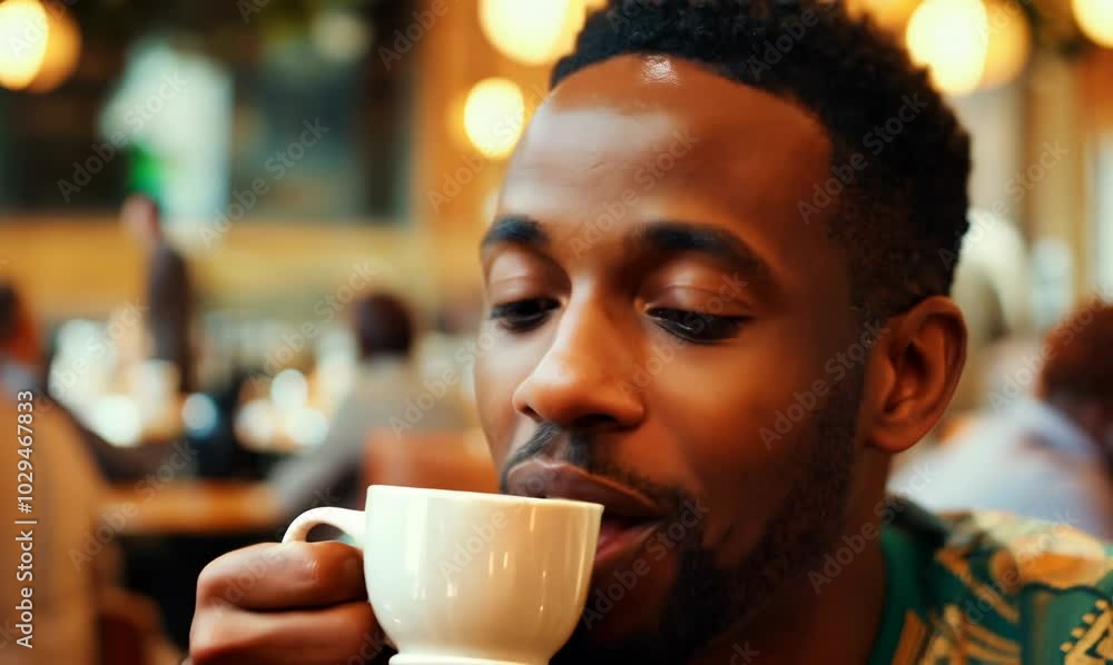 Kenyan Man Socializing at Busy Café with Coffee Kenyan Man Socializing at Busy Café with Coffee
