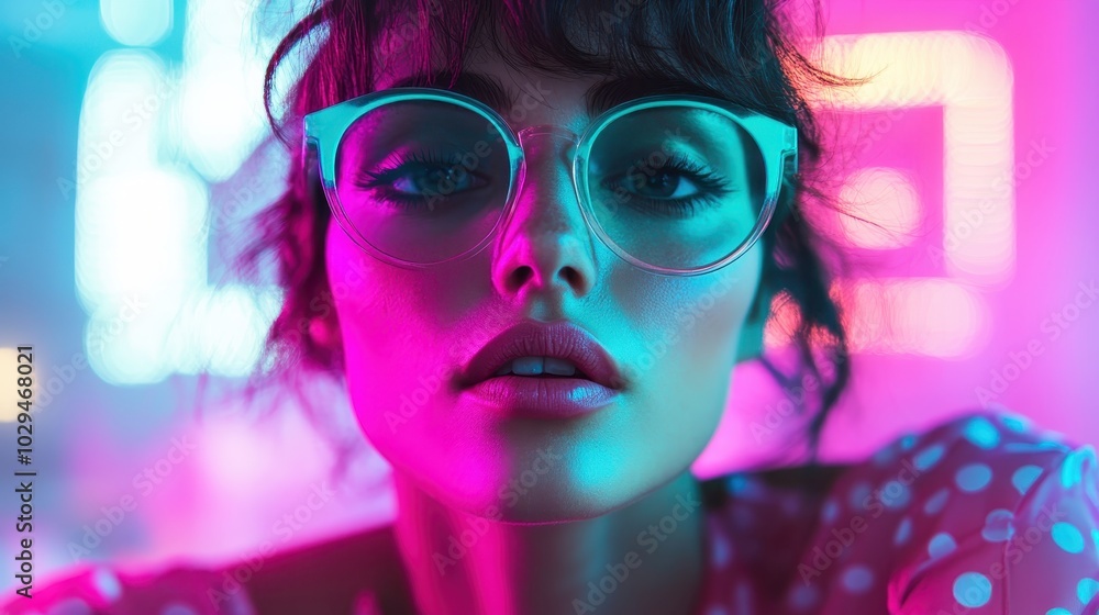 Artistic portrait of a woman with glasses, set in a vibrant neon pink lighting, expressing a dreamy ambiance with a chic visual and creative elegance. Artistic portrait of a woman with glasses, set in a vibrant neon pink lighting, expressing a dreamy ambiance with a chic visual and creative elegance.