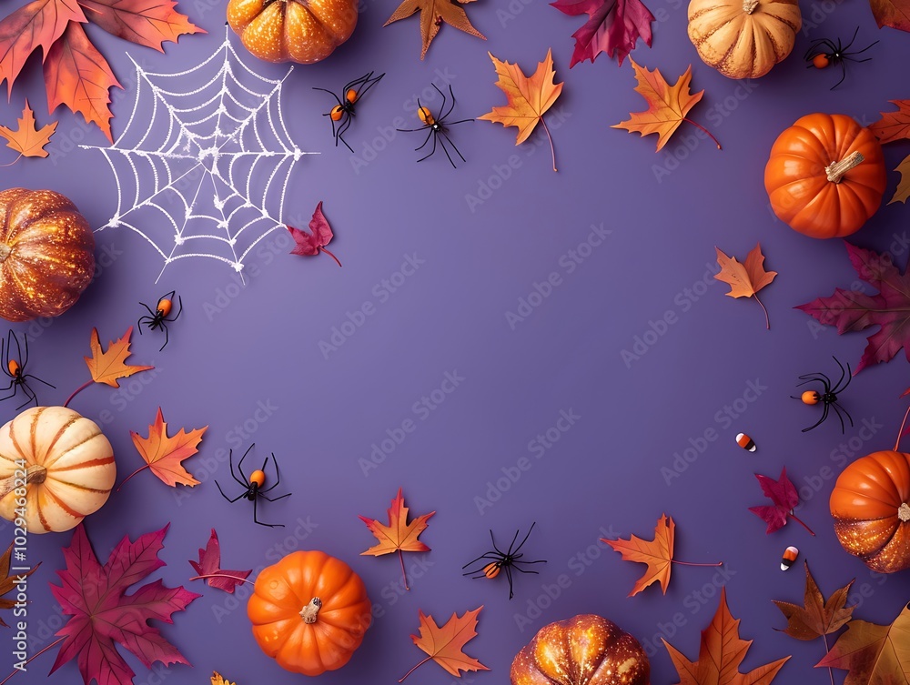 Halloween background, top view, pumpkins, spider web, autumn leaves on purple, copy space. Halloween background, top view, pumpkins, spider web, autumn leaves on purple, copy space.