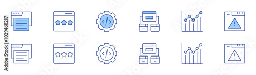 Seo icon set in two styles, Duotone and Thin Line style. Editable stroke. backlink, browser, chart, rating, gear, error