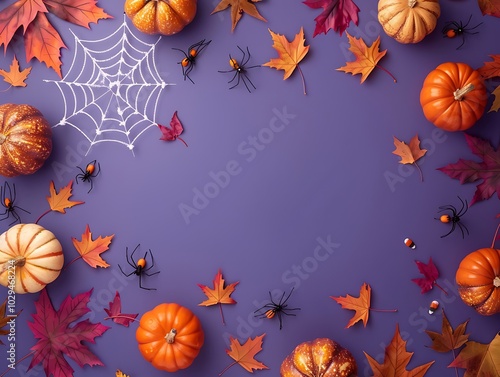 Halloween background, top view, pumpkins, spider web, autumn leaves on purple, copy space.