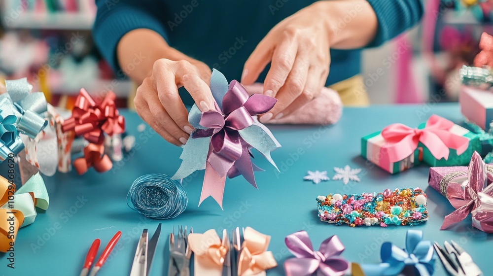 Hands carefully assemble a vibrant bow from various ribbons at a crafting table cluttered with colorful gift boxes, scissors, and decorative materials Hands carefully assemble a vibrant bow from various ribbons at a crafting table cluttered with colorful gift boxes, scissors, and decorative materials