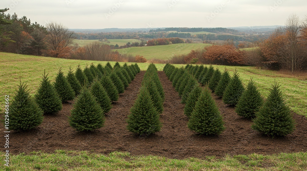 Obraz premium Christmas tree farm with families selecting their trees, representing the tradition of choosing and preparing for the holiday