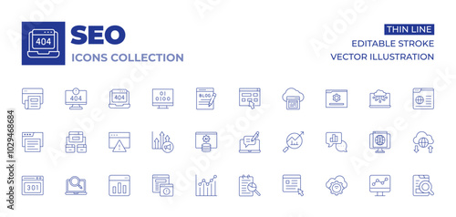 Seo icons collection. Thin Line icons, editable stroke. 406, adware, backlink, bar chart, browser, caution, chart, analytics, ai, analysis, analytic, blogging, cloud