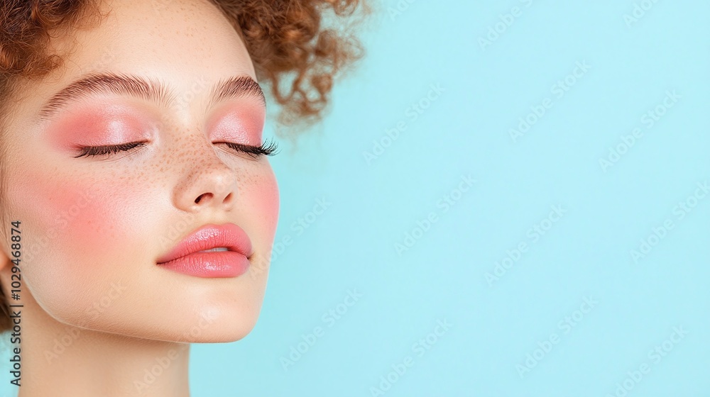 Close-up portrait of a young woman with curly hair, pink blush, and pink lipstick on smooth skin, eyes closed, conveying soft beauty against a pastel blue background for makeup and skincare visuals.
Close-up portrait of a young woman with curly hair, pink blush, and pink lipstick on smooth skin, eyes closed, conveying soft beauty against a pastel blue background for makeup and skincare visuals.