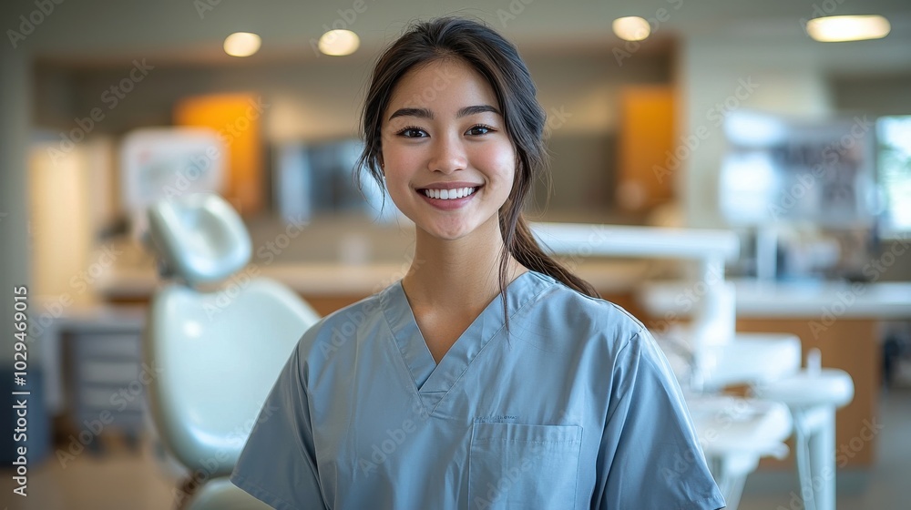 Fototapeta premium Smiling dental professional in scrubs at a modern clinic during daylight
