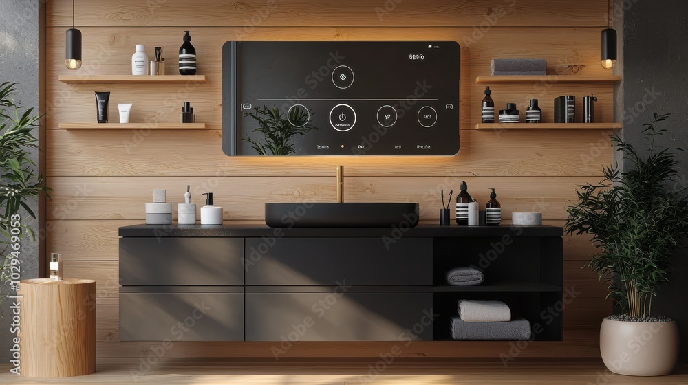 AI-driven beauty station featuring a smart mirror in a modern skincare boutique with illuminated shelves displaying a variety of cosmetic products AI-driven beauty station featuring a smart mirror in a modern skincare boutique with illuminated shelves displaying a variety of cosmetic products