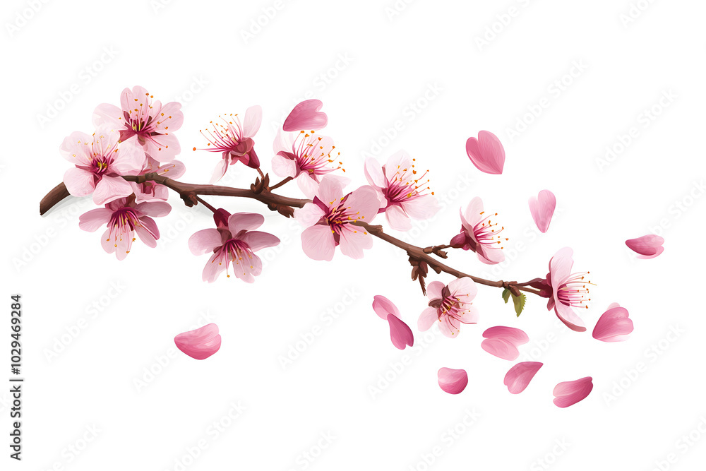 Fototapeta premium A vector illustration of a cherry blossom branch with pink petals gently falling, isolated on a white background