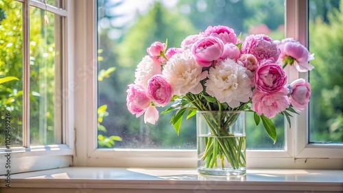 Fototapeta Naklejka Na Ścianę i Meble -  Stock photo of a bouquet of peonies in a glass vase on a window sill with a long shot angle