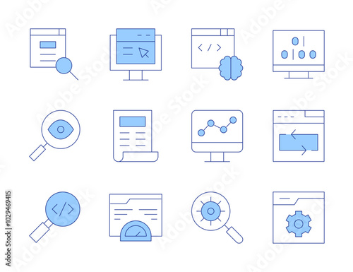 Seo icons. Line Duotone style, editable stroke. coding, seo report, searching, web development, improvement, repeat, optimization, insight, magnifying glass, analytics, binary code