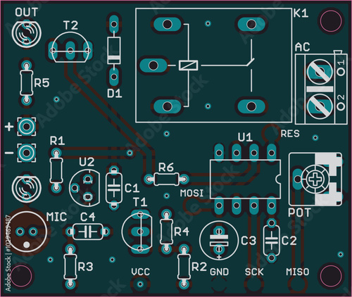 Vector printed circuit board of electronic 
device with components of radio elements, 
conductors and contact pads placed on pcb. 
Engineering technical drawing.