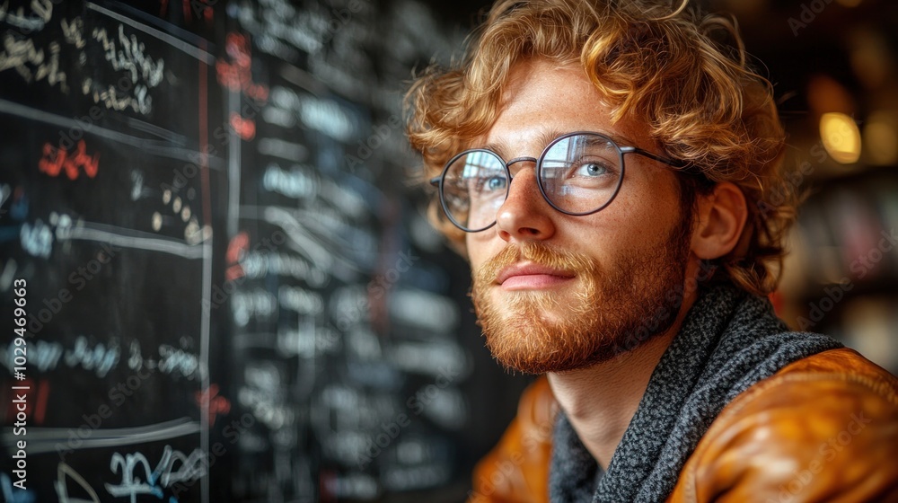 A thoughtful young man with curly hair stares intently at a chalkboard filled with programming code. The cozy cafГ© ambiance enhances his focus on the task at hand A thoughtful young man with curly hair stares intently at a chalkboard filled with programming code. The cozy cafГ© ambiance enhances his focus on the task at hand