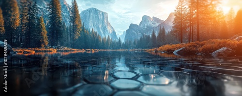Panel kuchenny z motywem Abstract hexagon wallpaper of Yosemite National Park with a stunning mountain landscape and serene lake view