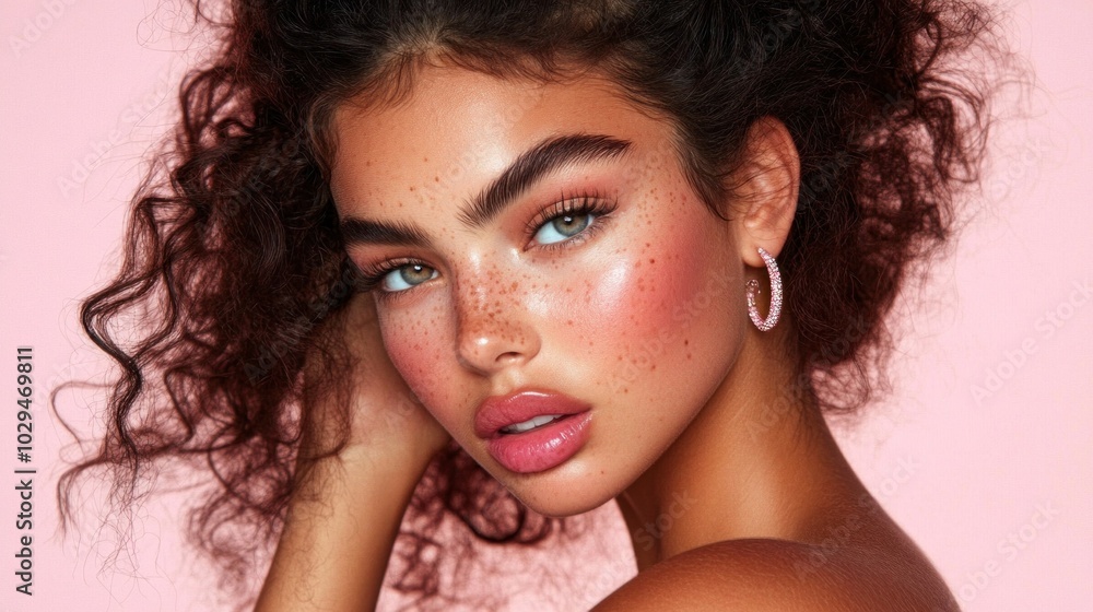 A young woman stands confidently with her curly hair framing her face, highlighting her freckles and bright blue eyes. The soft pink backdrop enhances the vibrant makeup and her natural beauty A young woman stands confidently with her curly hair framing her face, highlighting her freckles and bright blue eyes. The soft pink backdrop enhances the vibrant makeup and her natural beauty