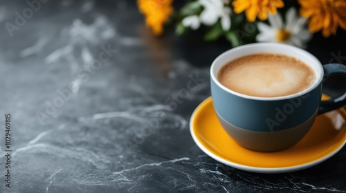 The image beautifully features a blue coffee cup with foam atop, set on a striking marble table, capturing an elegant, stylish coffee moment in a cozy setting. photo