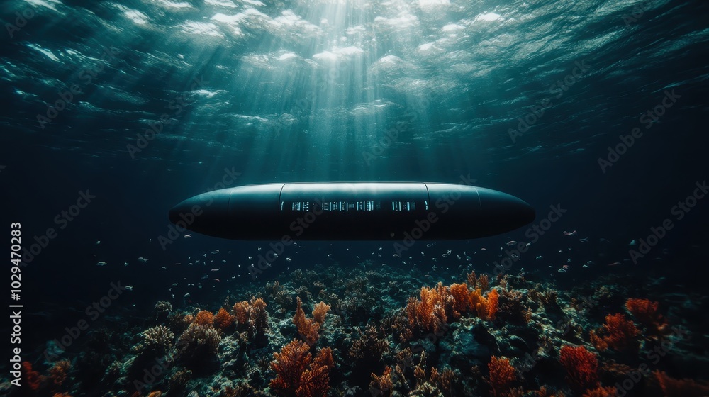 A futuristic submarine peacefully hovers above a stunning coral reef, bathed in gentle sunlight, capturing the essence of advanced marine exploration and tranquility. A futuristic submarine peacefully hovers above a stunning coral reef, bathed in gentle sunlight, capturing the essence of advanced marine exploration and tranquility.