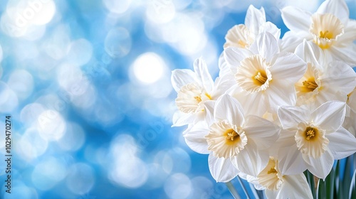  Bouquet of white daffodils in a blue and white blurry background