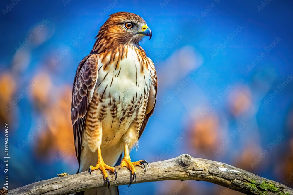 Red tailed hawk perching on tree branch against blue background macro shot Red tailed hawk perching on tree branch against blue background macro shot
