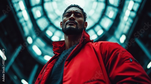 A man in a red jacket looks intensely into the distance, set against a blurred background that highlights his striking presence and charisma. photo