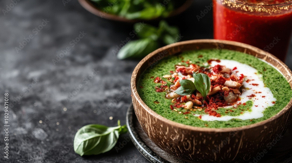 A rich, green spinach soup adorned with nuts and a swirl of cream is served in an artisanal bowl, showcasing a delightful blend of texture and flavors. A rich, green spinach soup adorned with nuts and a swirl of cream is served in an artisanal bowl, showcasing a delightful blend of texture and flavors.
