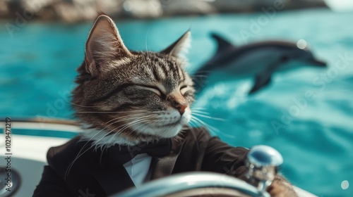 A dapper cat wearing a tuxedo confidently steers a boat, with a dolphin leaping in the background, creating a whimsical and adventurous scene. photo